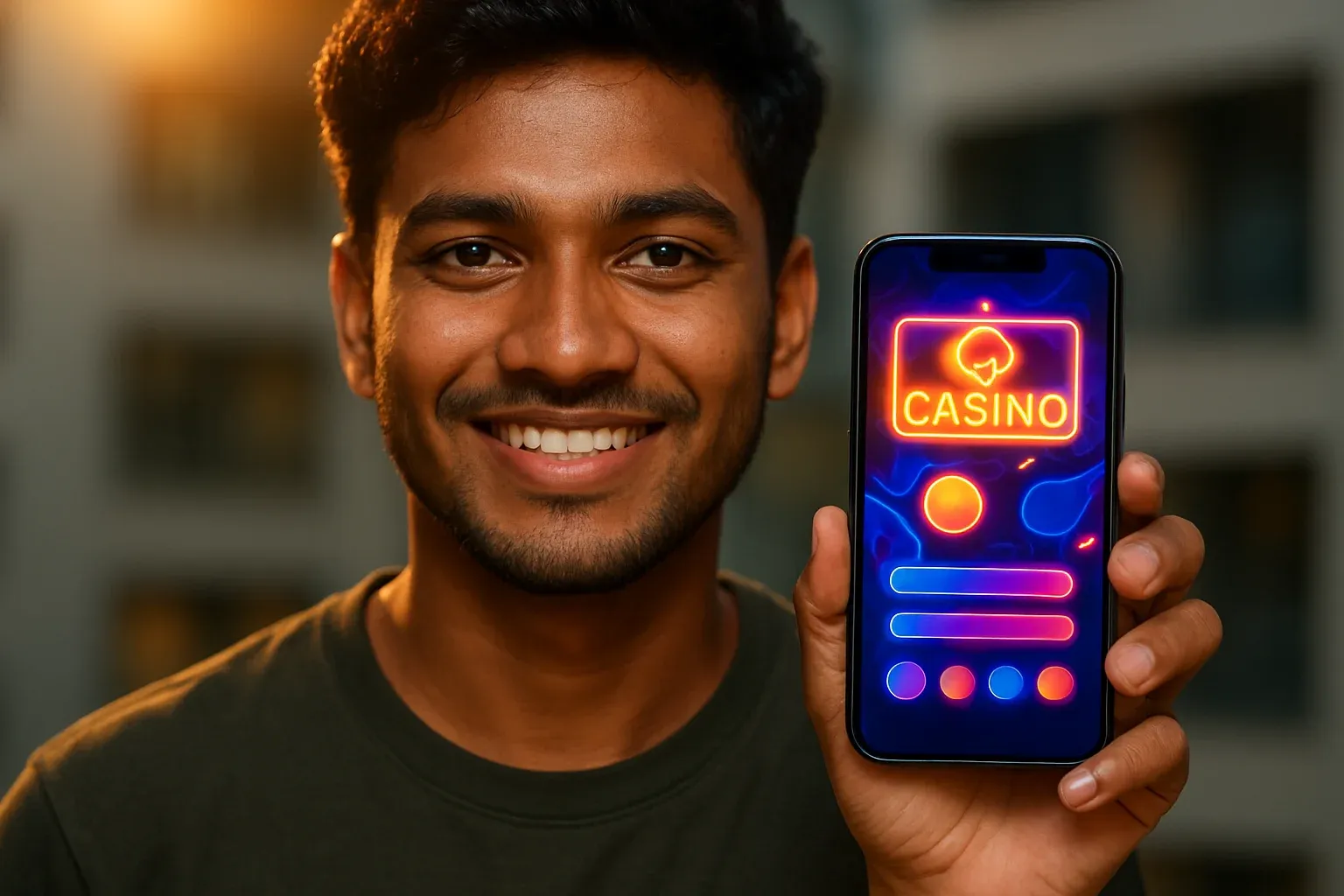 Young Bangladeshi man holding smartphone showing glowing mobile casino app interface