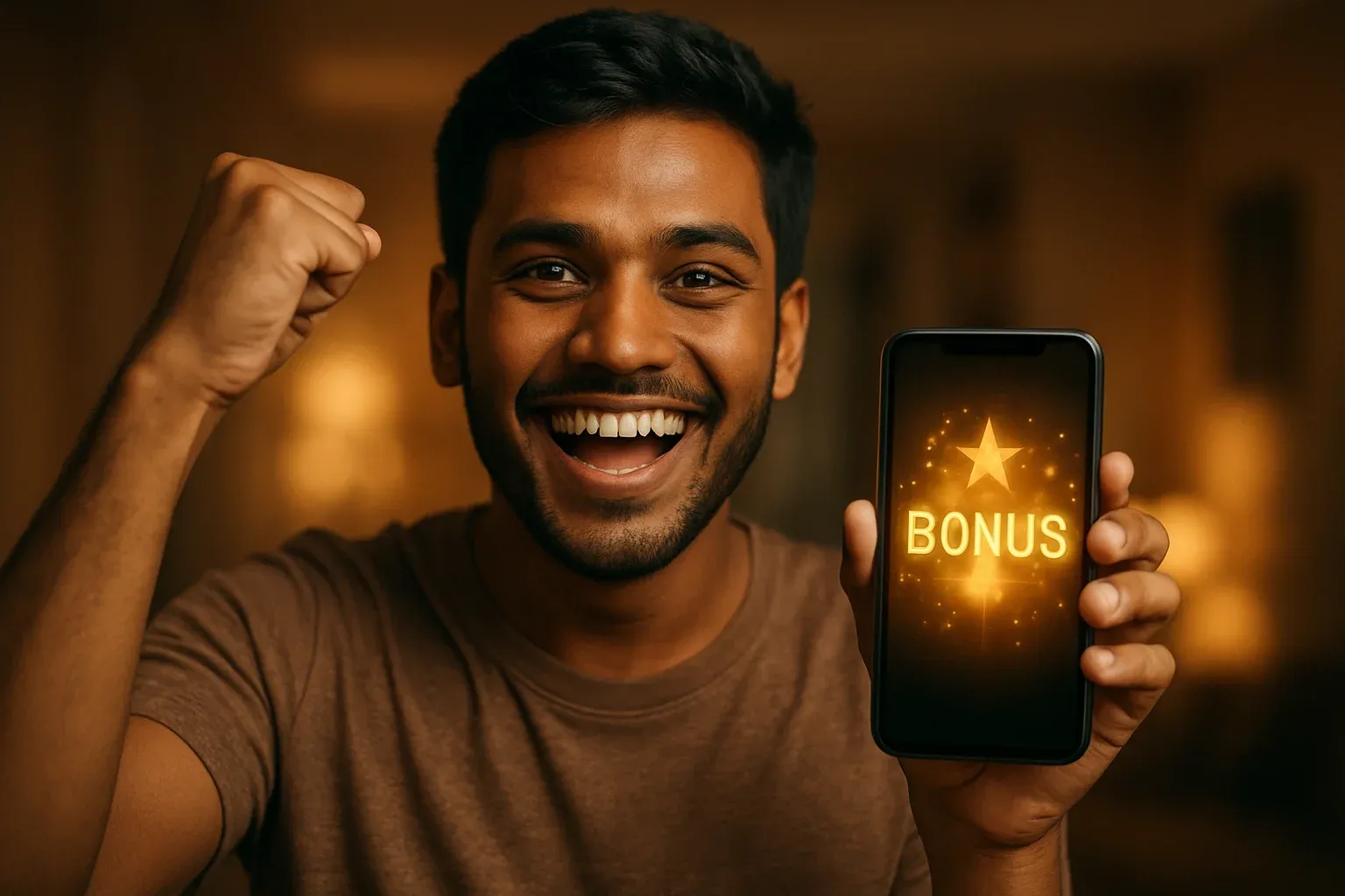 Joyful young Bangladeshi man celebrating, holding smartphone with glowing bonus notification