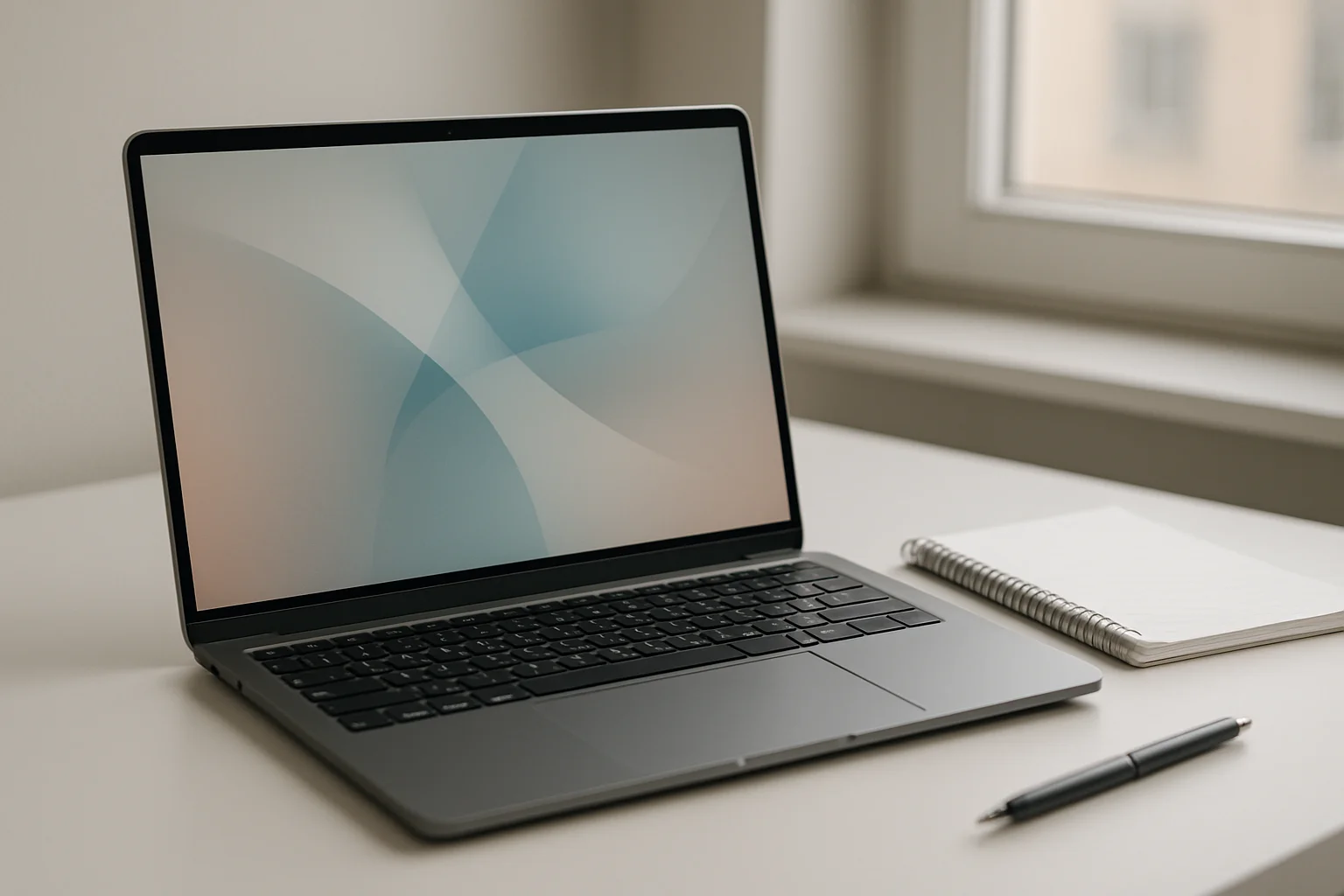 Modern laptop on white desk with abstract glowing screen in daylight