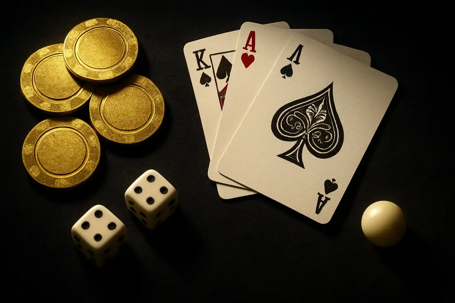 Top-down dark velvet flat-lay with golden chips, cards, dice, roulette ball