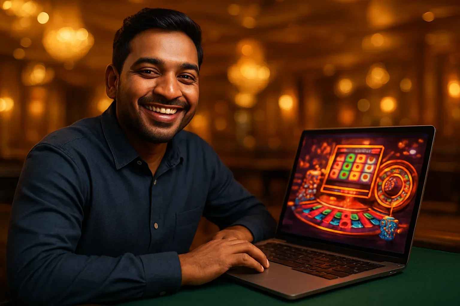 Cheerful Bangladeshi man in navy shirt smiling at open laptop in casino lounge