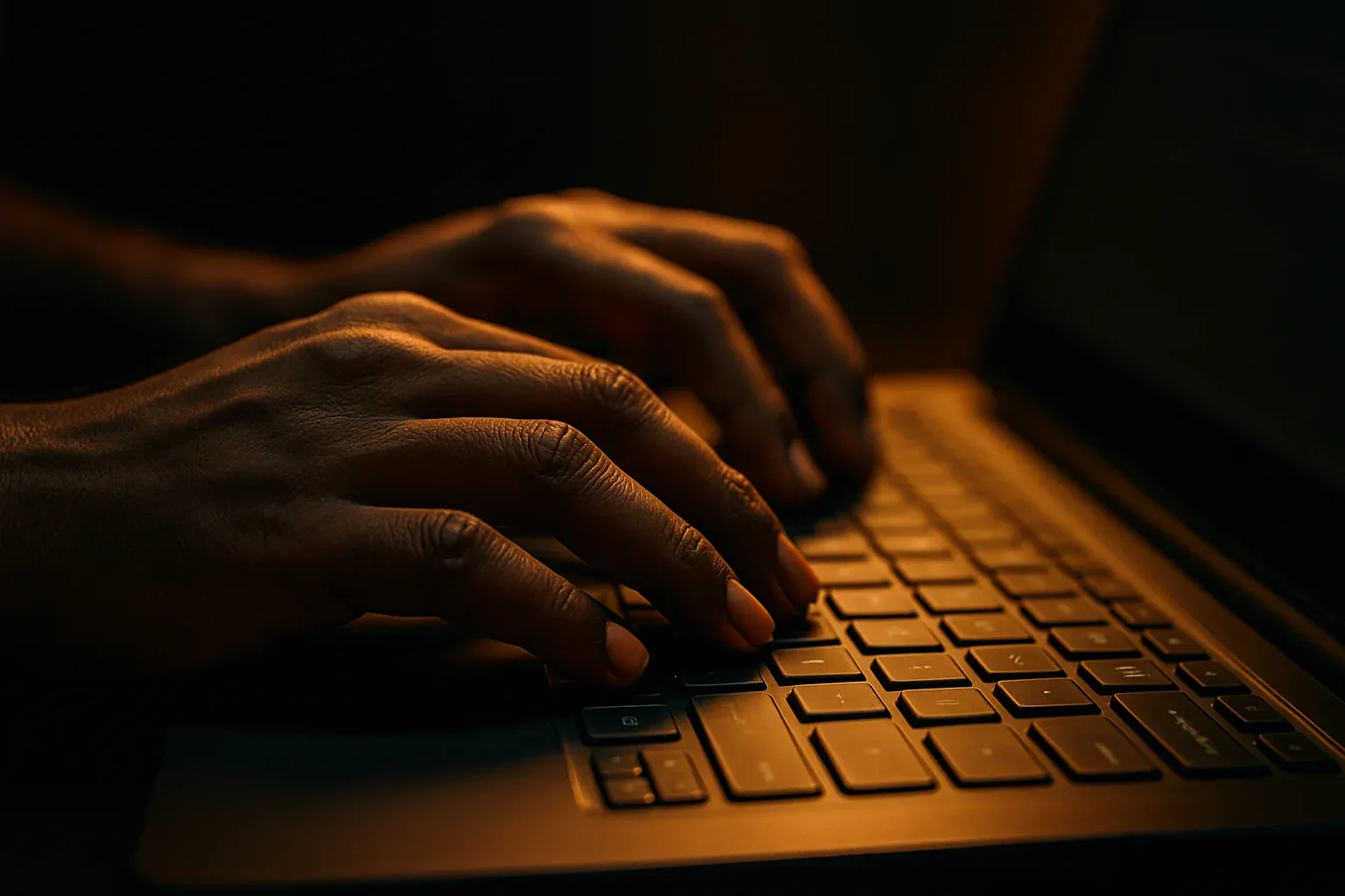 Bangladeshi man hands typing on laptop keyboard in dramatic light