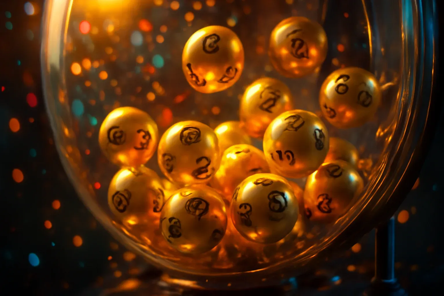 Hyperrealistic golden lottery balls tumbling inside transparent draw machine with vivid colorful light particles and warm spotlight