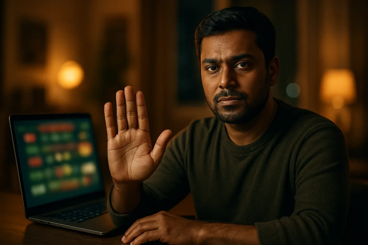 Confident Bangladeshi man shows stop gesture beside blurred online casino laptop