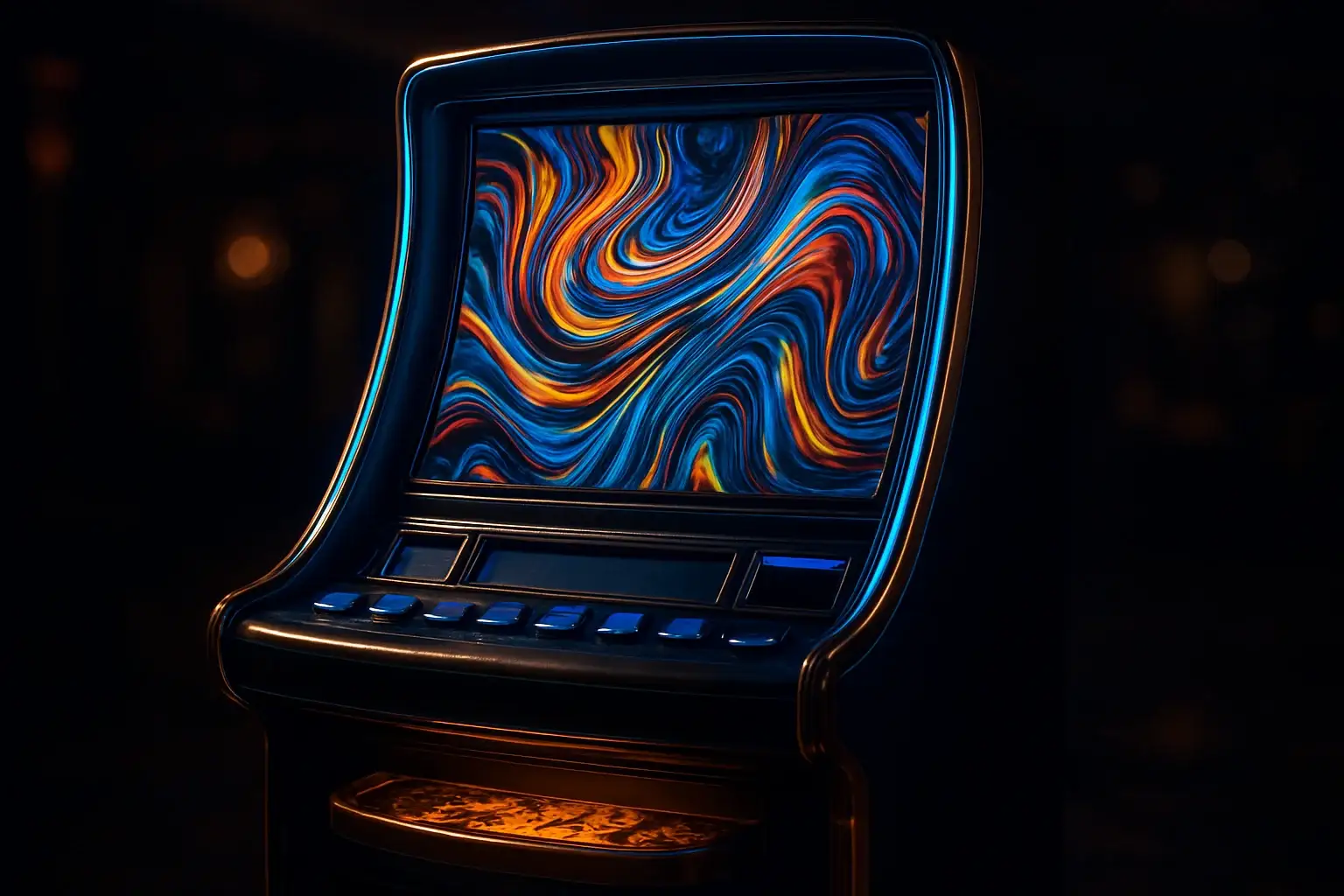 Hyperrealistic premium slot machine in dark luxury setting with neon lighting